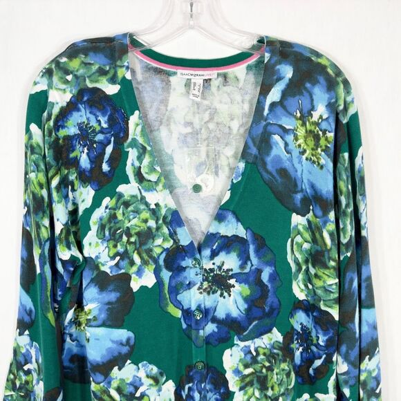 Isaac Mizrahi Live Large Cardigan Sweater Green Blue Floral Knit NWOT 1586 - Picture 3 of 9
